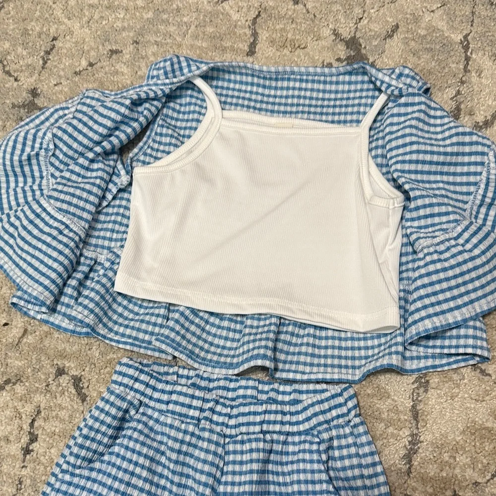 Blue Gingham Sleeveless Top and Pants Set